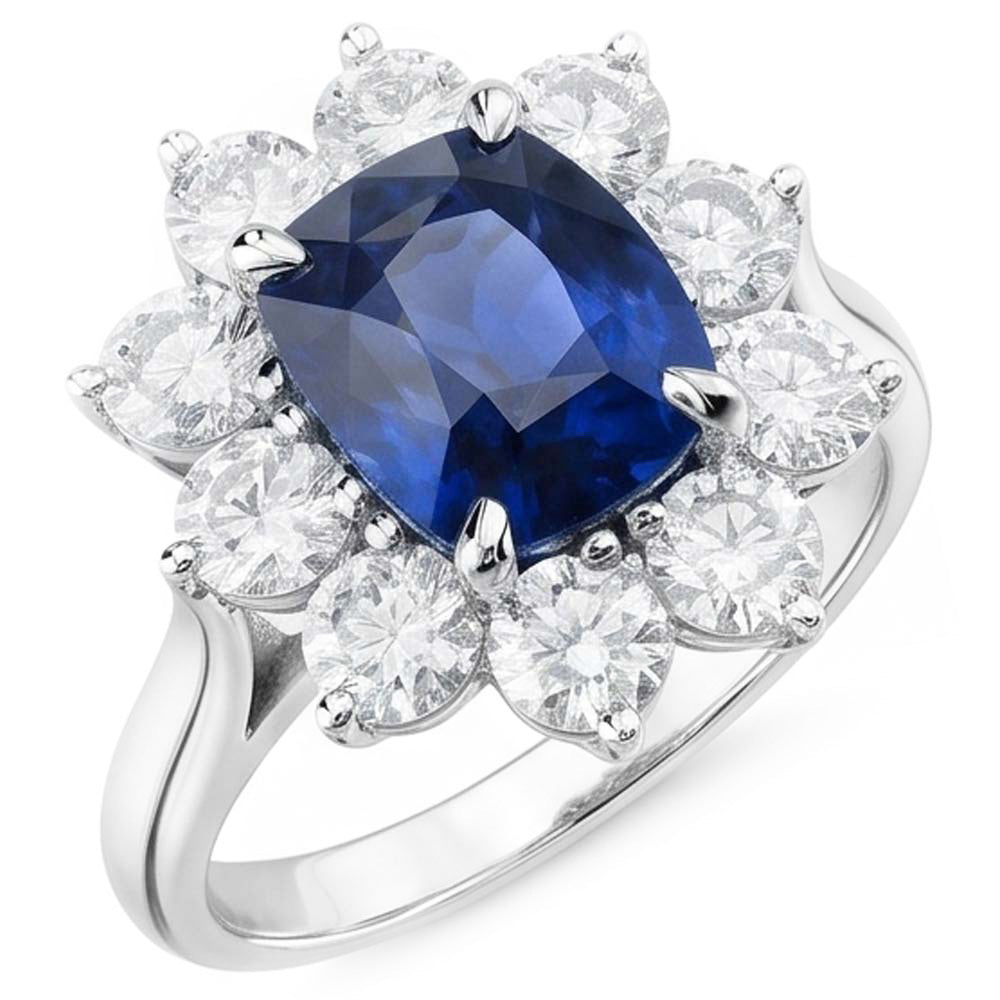 Cushion Cut Sapphire With Natural Earth Mined Diamonds 3.50 Ct Anniversary Ring White