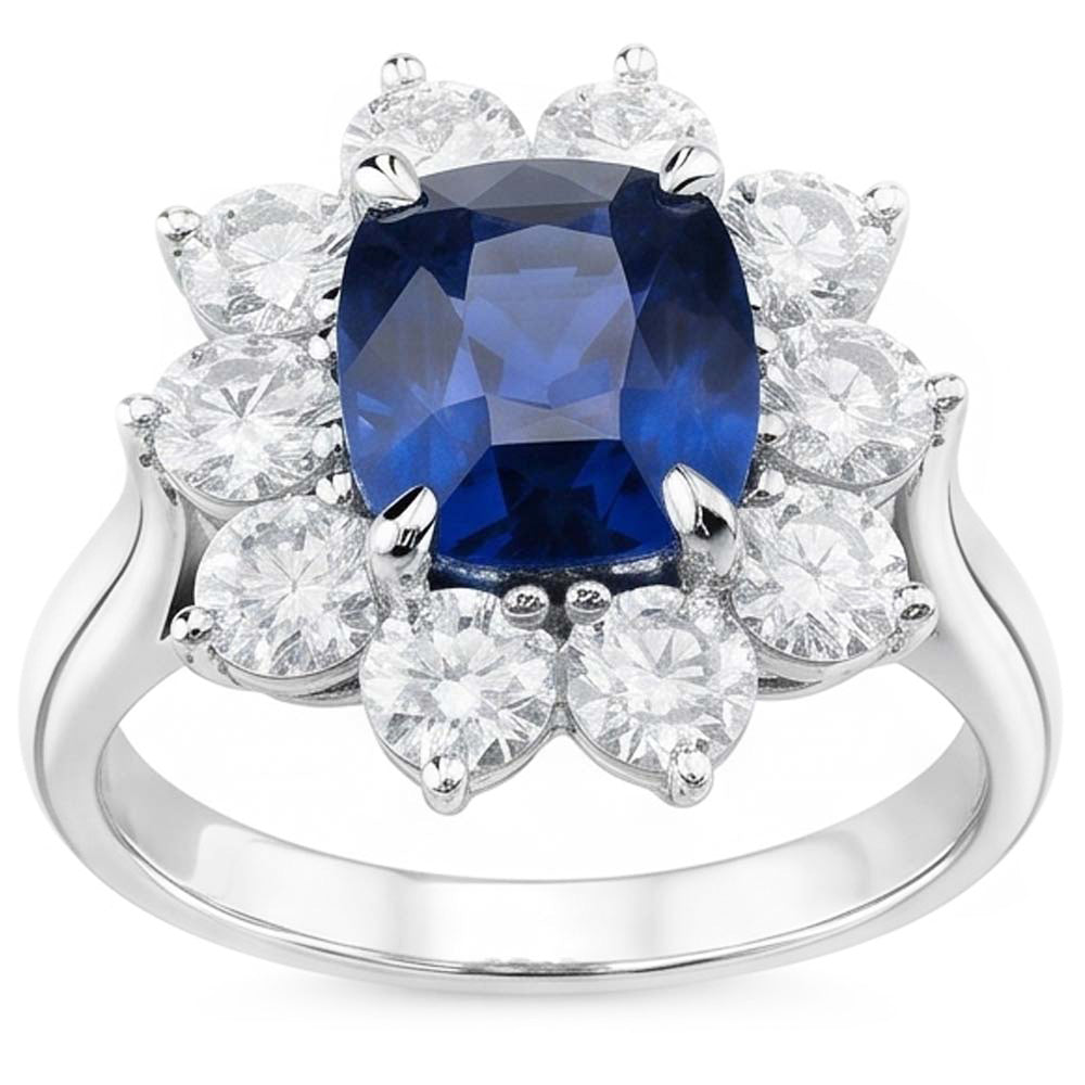 Cushion Cut Sapphire With Natural Earth Mined Diamonds 3.50 Ct Anniversary Ring White