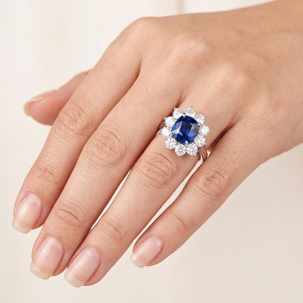 Cushion Cut Sapphire With Natural Earth Mined Diamonds 3.50 Ct Anniversary Ring White