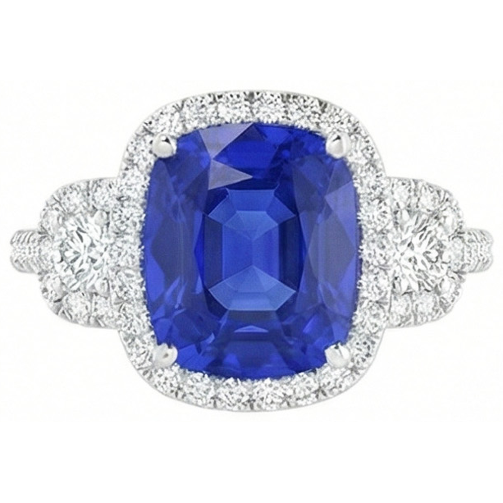 Cushion Cut Sri Lankan Sapphire Natural Earth Mined Diamond Ring White Gold 14K 5 Ct
