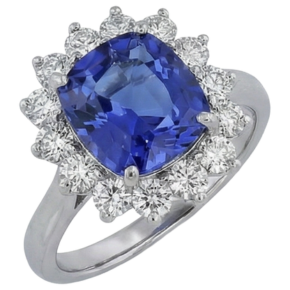 Cushion Cut Tanzanite With Natural Earth Mined Diamonds 4.50 Ct Ring 14K White Gold