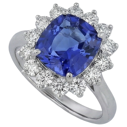 Cushion Cut Tanzanite With Natural Earth Mined Diamonds 4.50 Ct Ring 14K White Gold