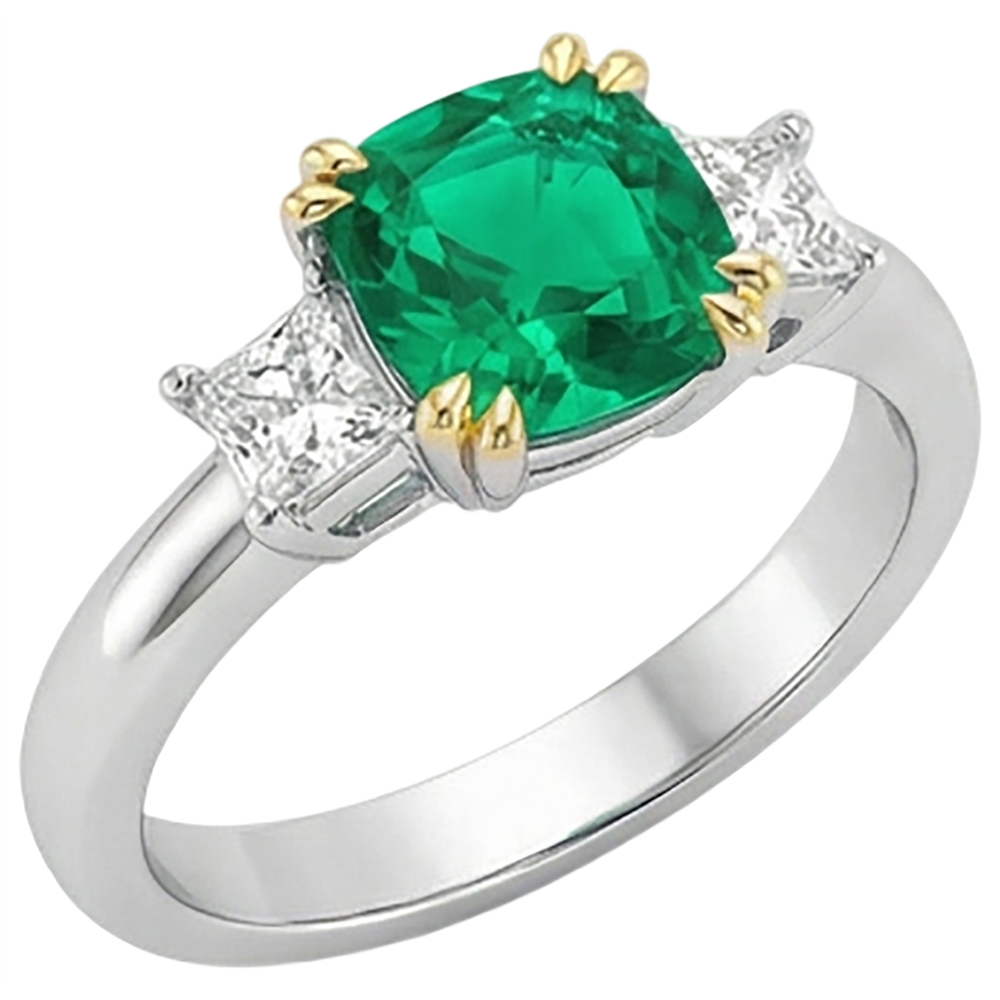 Cushion Diamond Real Green Emerald GIA Ring 3 Stone