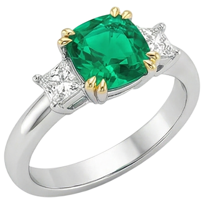 Cushion Diamond Real Green Emerald GIA Ring 3 Stone
