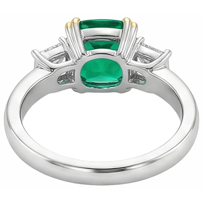 Cushion Diamond Real Green Emerald GIA Ring 3 Stone