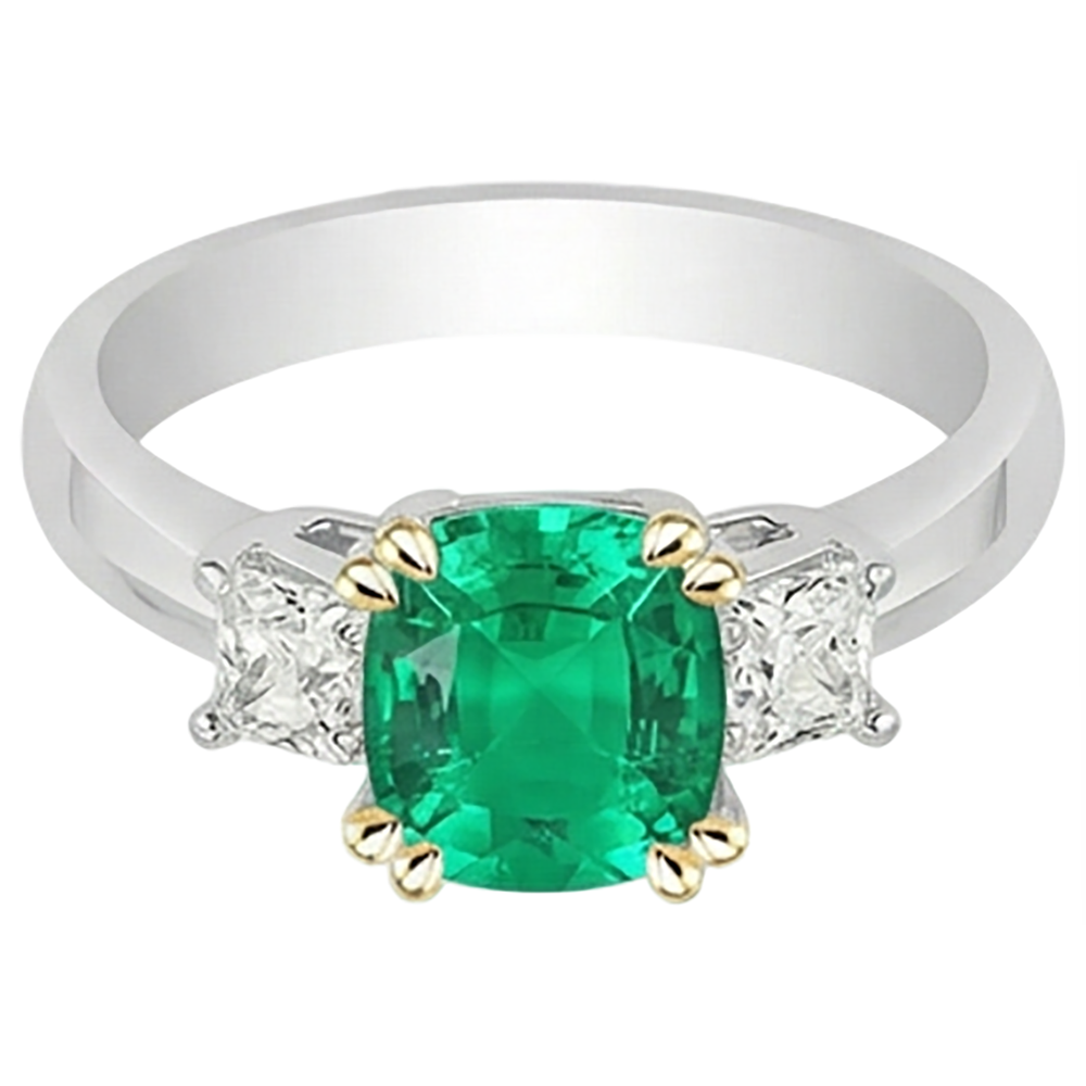 Cushion Diamond Real Green Emerald GIA Ring 3 Stone