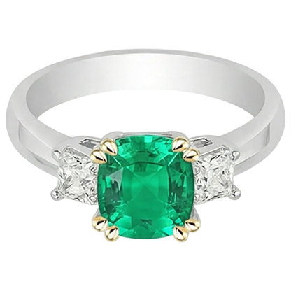 Cushion Diamond Real Green Emerald GIA Ring 3 Stone