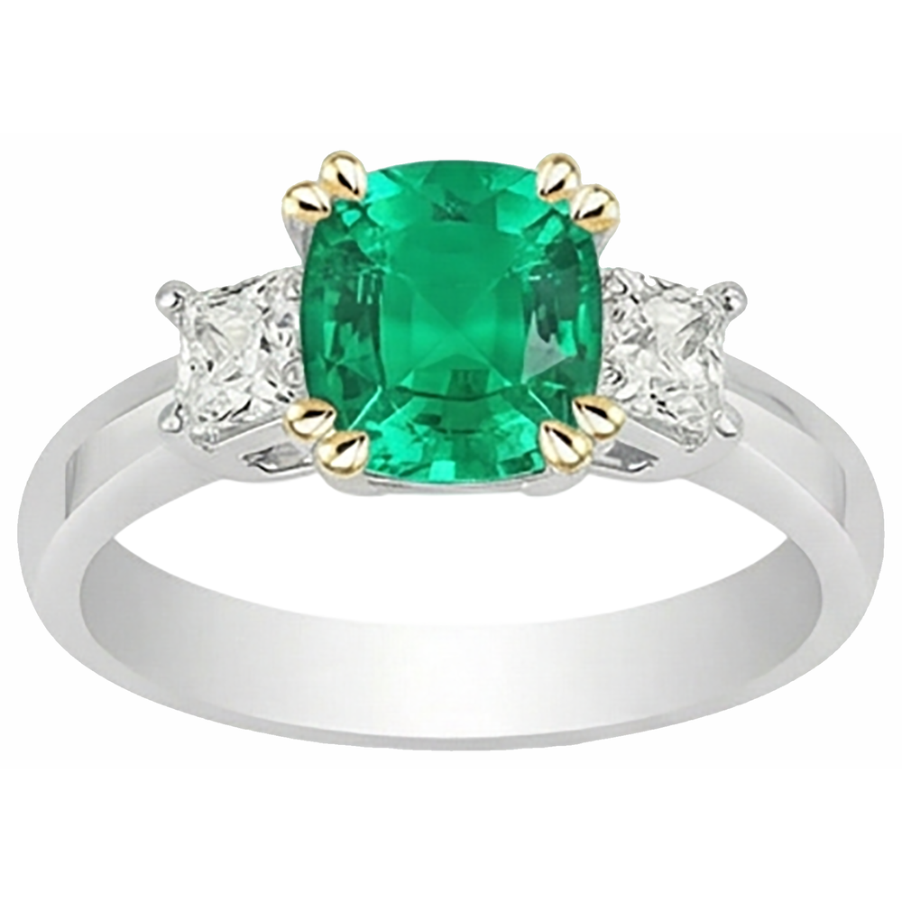 Cushion Diamond Real Green Emerald GIA Ring 3 Stone