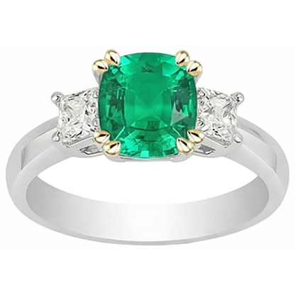 Cushion Diamond Real Green Emerald GIA Ring 3 Stone