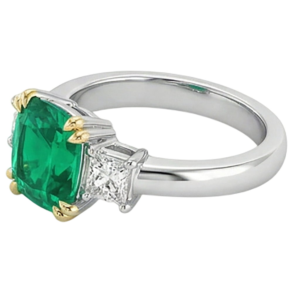 Cushion Diamond Real Green Emerald GIA Ring 3 Stone