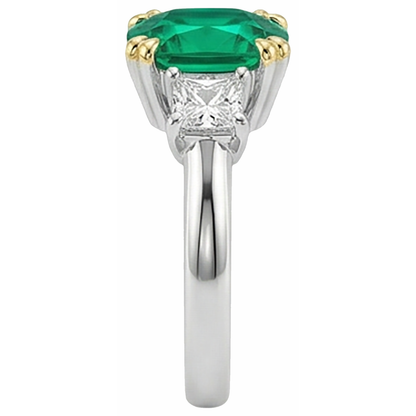 Cushion Diamond Real Green Emerald GIA Ring 3 Stone