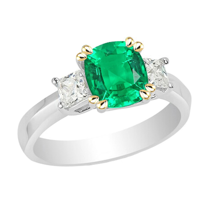 Cushion Diamond Real Green Emerald Ring 3 Stone