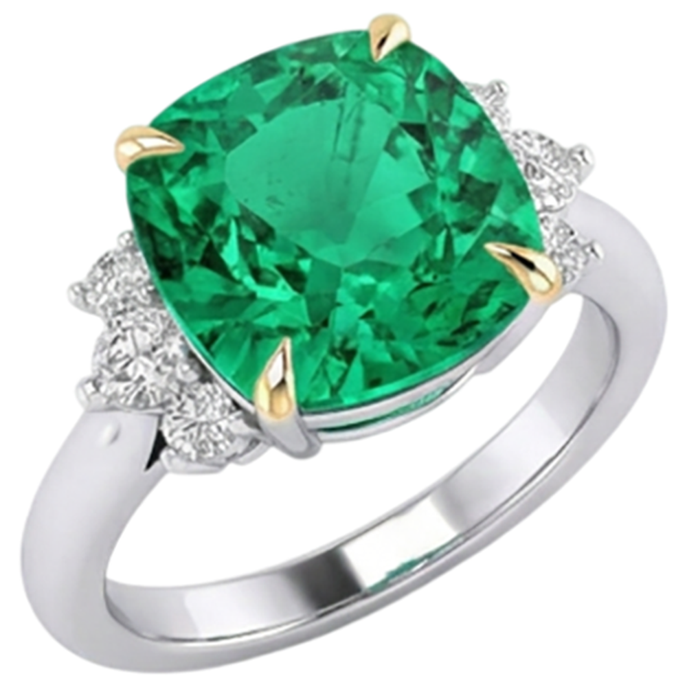 Natural Real ( Not Lab Grown ) Cushion Gemstone Ring Green Emerald GIA With Diamonds Jewelry
