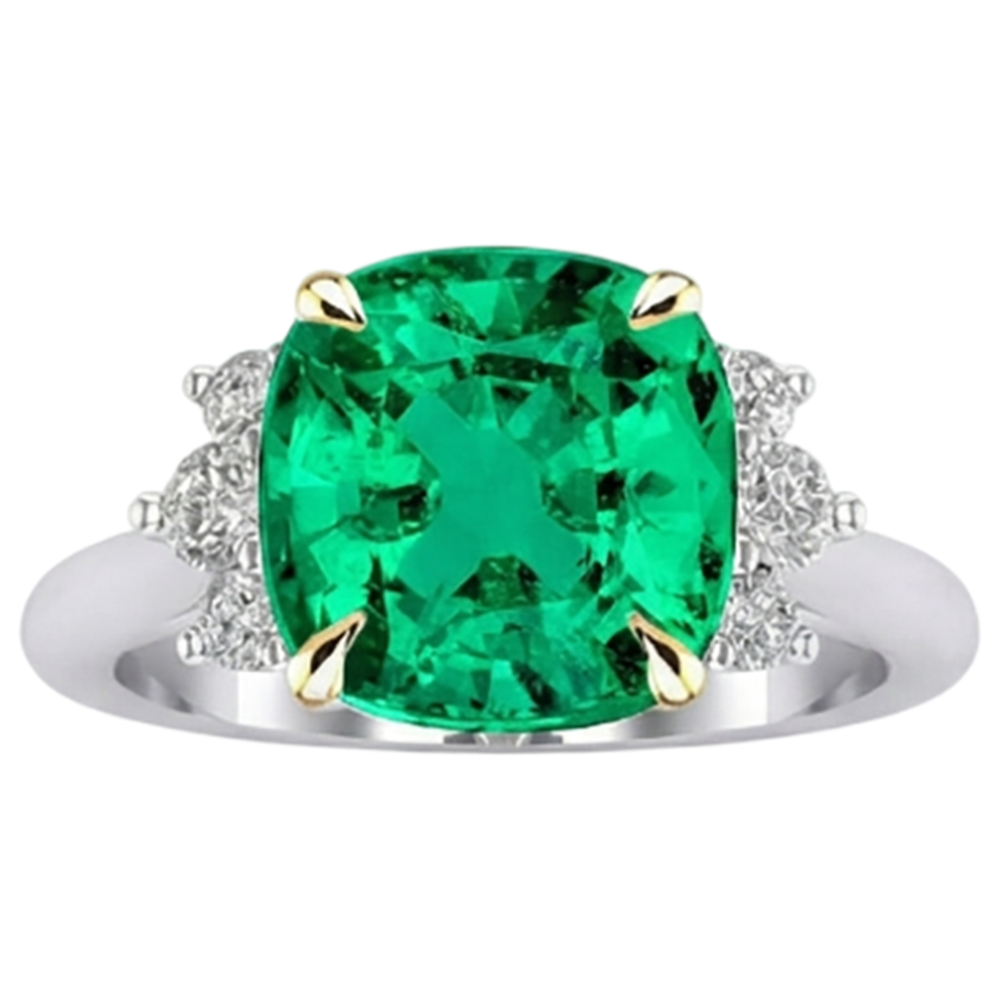 Natural Real ( Not Lab Grown ) Cushion Gemstone Ring Green Emerald GIA With Diamonds Jewelry
