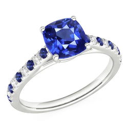 Cushion Gemstone Ring Round Blue Sapphire & Natural Earth Mined Diamonds 2.50 Carats