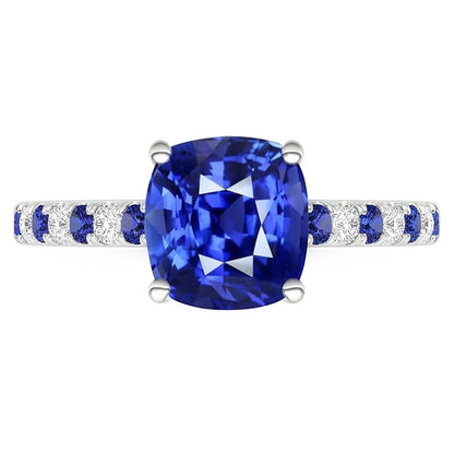 Cushion Gemstone Ring Round Blue Sapphire & Natural Earth Mined Diamonds 2.50 Carats