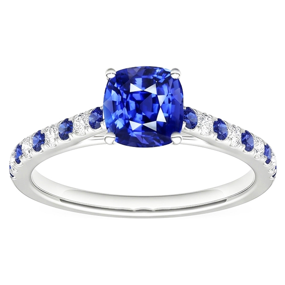 Cushion Gemstone Ring Round Blue Sapphire & Natural Earth Mined Diamonds 2.50 Carats