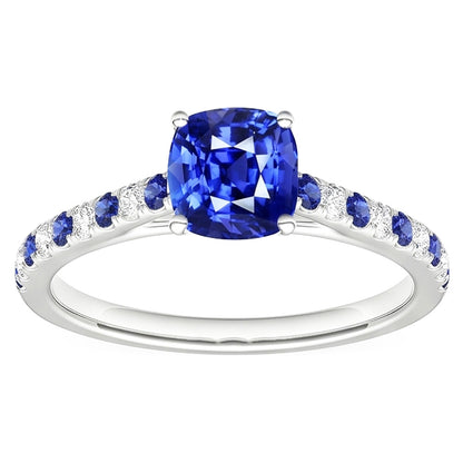 Cushion Gemstone Ring Round Blue Sapphire & Natural Earth Mined Diamonds 2.50 Carats