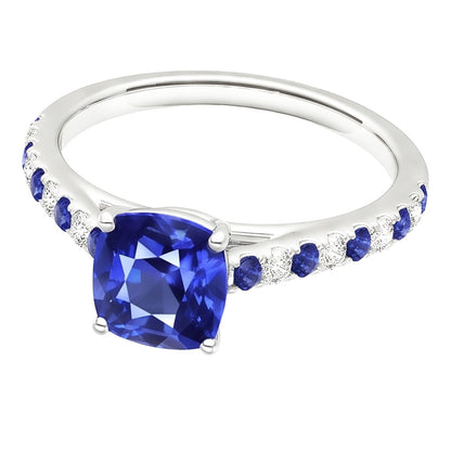 Cushion Gemstone Ring Round Blue Sapphire & Natural Earth Mined Diamonds 2.50 Carats