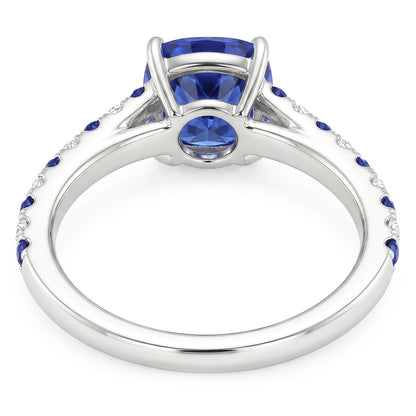 Cushion Gemstone Ring Round Blue Sapphire & Natural Earth Mined Diamonds 2.50 Carats