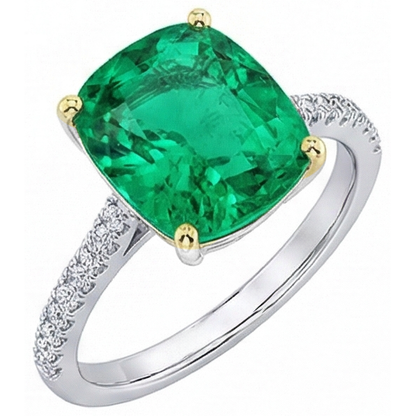 Natural Real ( Not Lab Grown ) Cushion Gemstone Ring With Accents Green Emerald GIA Stone