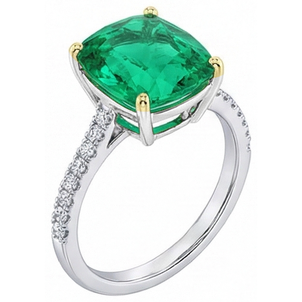 Natural Real ( Not Lab Grown ) Cushion Gemstone Ring With Accents Green Emerald GIA Stone