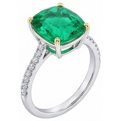 Natural Real ( Not Lab Grown ) Cushion Gemstone Ring With Accents Green Emerald GIA Stone