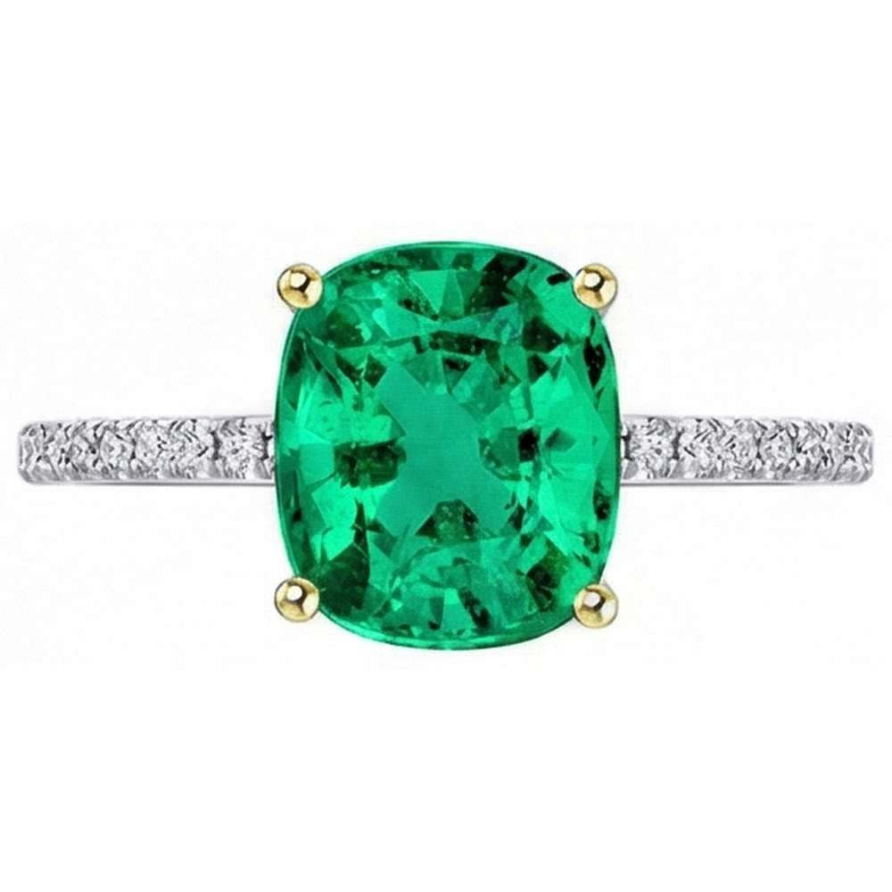 Natural Real ( Not Lab Grown ) Cushion Gemstone Ring With Accents Green Emerald GIA Stone