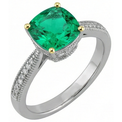 Natural Real ( Not Lab Grown ) Cushion Green Emerald GIA Ring With Diamonds