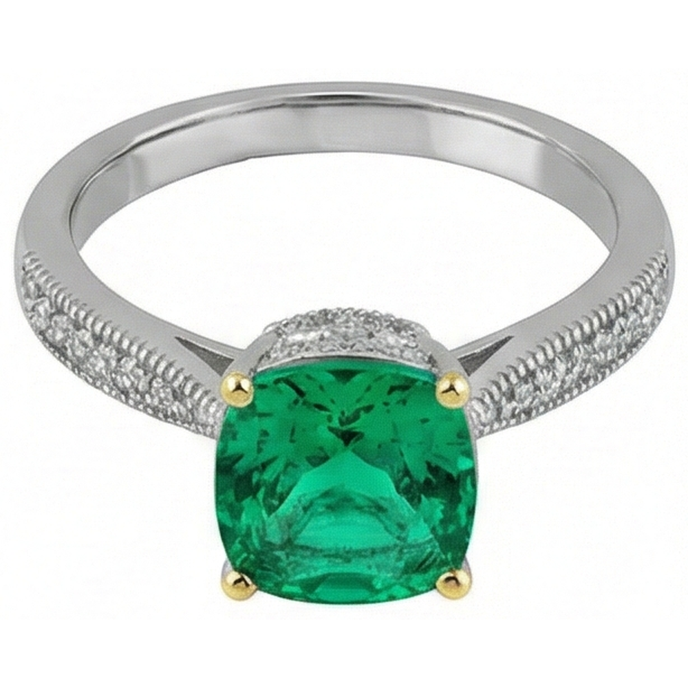 Natural Real ( Not Lab Grown ) Cushion Green Emerald GIA Ring With Diamonds