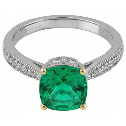 Natural Real ( Not Lab Grown ) Cushion Green Emerald GIA Ring With Diamonds