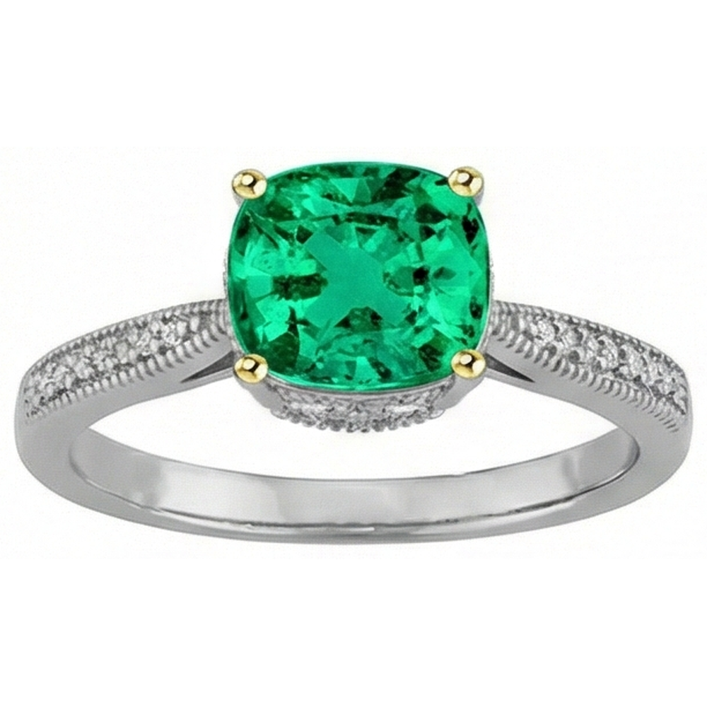 Natural Real ( Not Lab Grown ) Cushion Green Emerald GIA Ring With Diamonds