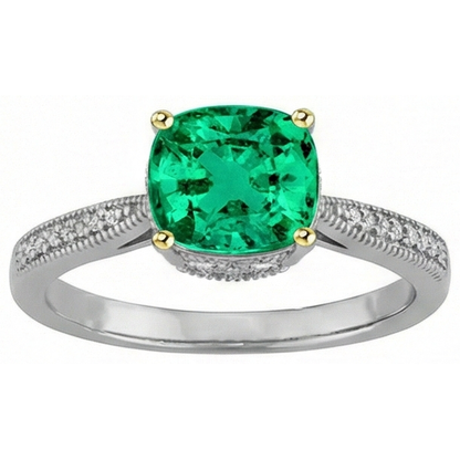 Natural Real ( Not Lab Grown ) Cushion Green Emerald GIA Ring With Diamonds