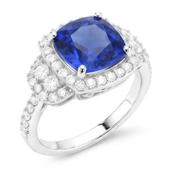 Cushion Halo Blue Sapphire Ring White Gold 14K Natural Earth Mined Diamonds 5 Carats