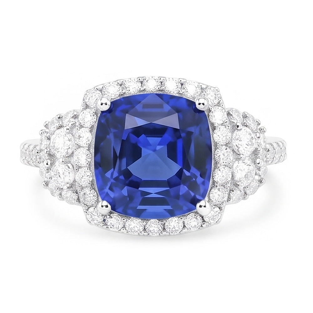 Cushion Halo Blue Sapphire Ring White Gold 14K Natural Earth Mined Diamonds 5 Carats