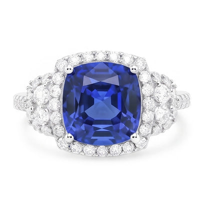 Cushion Halo Blue Sapphire Ring White Gold 14K Natural Earth Mined Diamonds 5 Carats