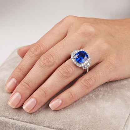 Cushion Halo Blue Sapphire Ring White Gold 14K Natural Earth Mined Diamonds 5 Carats