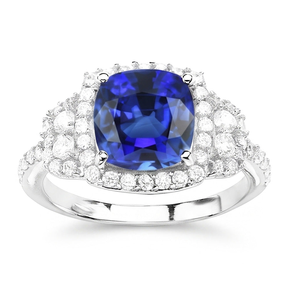Cushion Halo Blue Sapphire Ring White Gold 14K Natural Earth Mined Diamonds 5 Carats