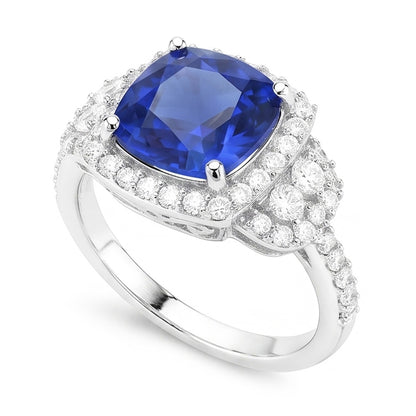 Cushion Halo Blue Sapphire Ring White Gold 14K Natural Earth Mined Diamonds 5 Carats