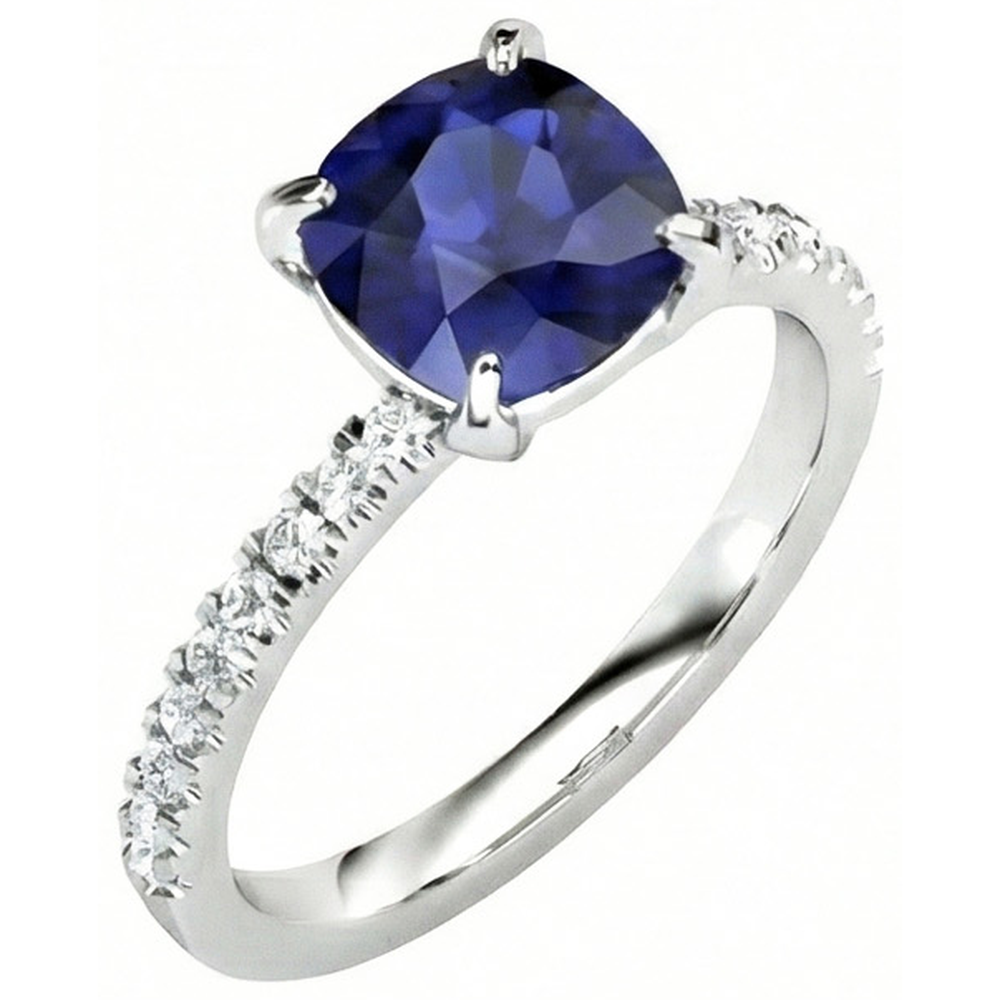 Cushion Kashmir Sapphire And Natural Earth Mined Diamonds 2.90 Ct Ring White Gold 14K