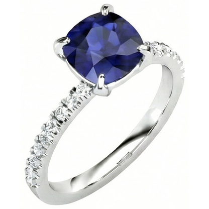 Cushion Kashmir Sapphire And Natural Earth Mined Diamonds 2.90 Ct Ring White Gold 14K