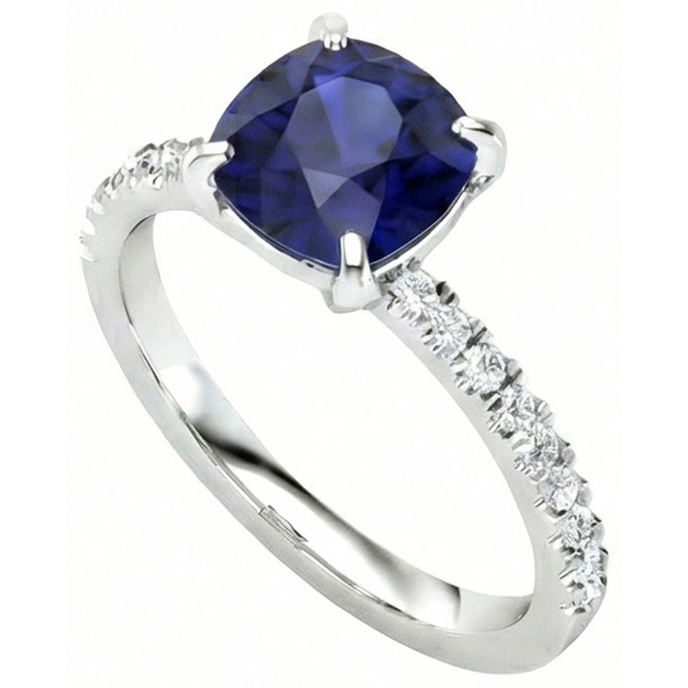 Cushion Kashmir Sapphire And Natural Earth Mined Diamonds 2.90 Ct Ring White Gold 14K