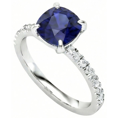 Cushion Kashmir Sapphire And Natural Earth Mined Diamonds 2.90 Ct Ring White Gold 14K