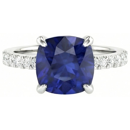 Cushion Kashmir Sapphire And Natural Earth Mined Diamonds 2.90 Ct Ring White Gold 14K
