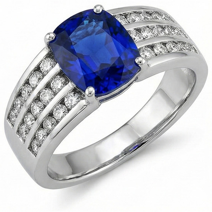 Cushion Kashmir Sapphire With Natural Earth Mined Diamonds Ring 3.50 Ct Gold White 14K