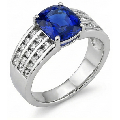 Cushion Kashmir Sapphire With Natural Earth Mined Diamonds Ring 3.50 Ct Gold White 14K