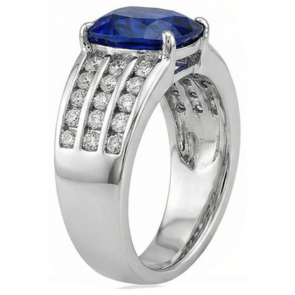 Cushion Kashmir Sapphire With Natural Earth Mined Diamonds Ring 3.50 Ct Gold White 14K