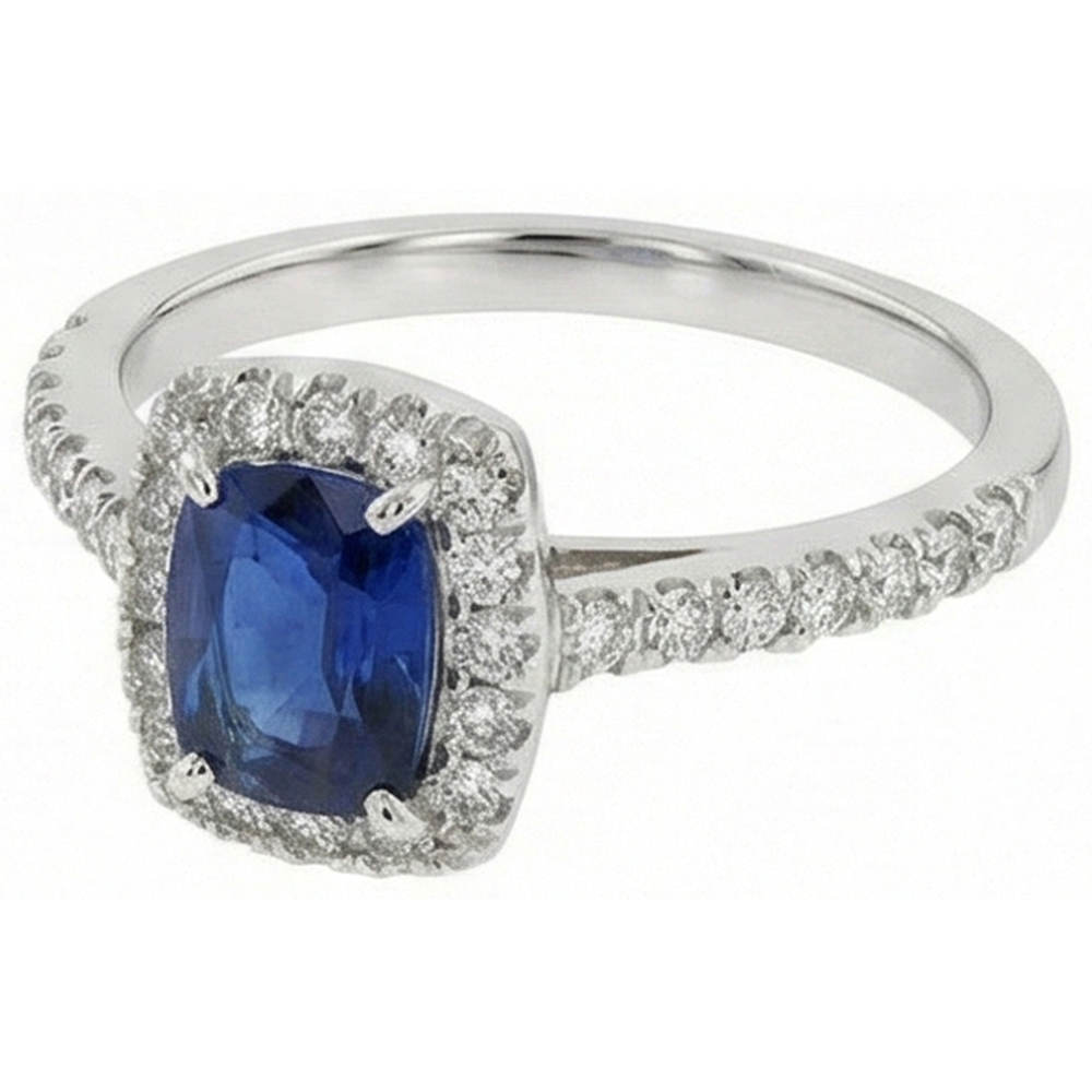 Cushion Kashmir Sapphire With Round Natural Earth Mined Diamond 3.90 Ct. Ring White Gold 14K