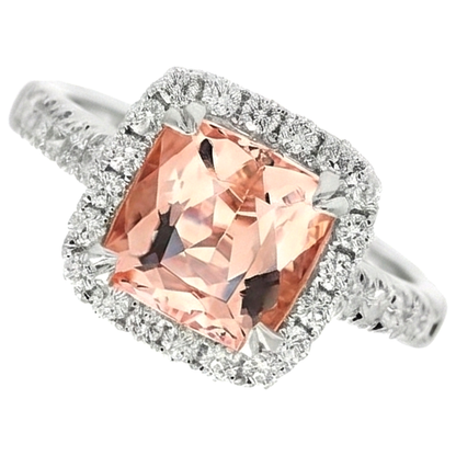 Cushion Morganite And Natural Earth Mined Diamond 27 Ct Ring White Gold 14K