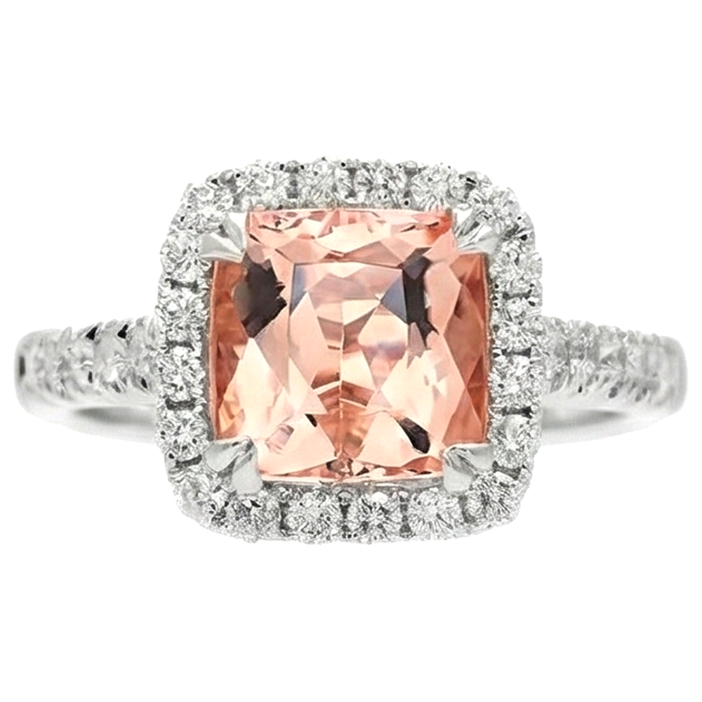 Cushion Morganite And Natural Earth Mined Diamond 27 Ct Ring White Gold 14K